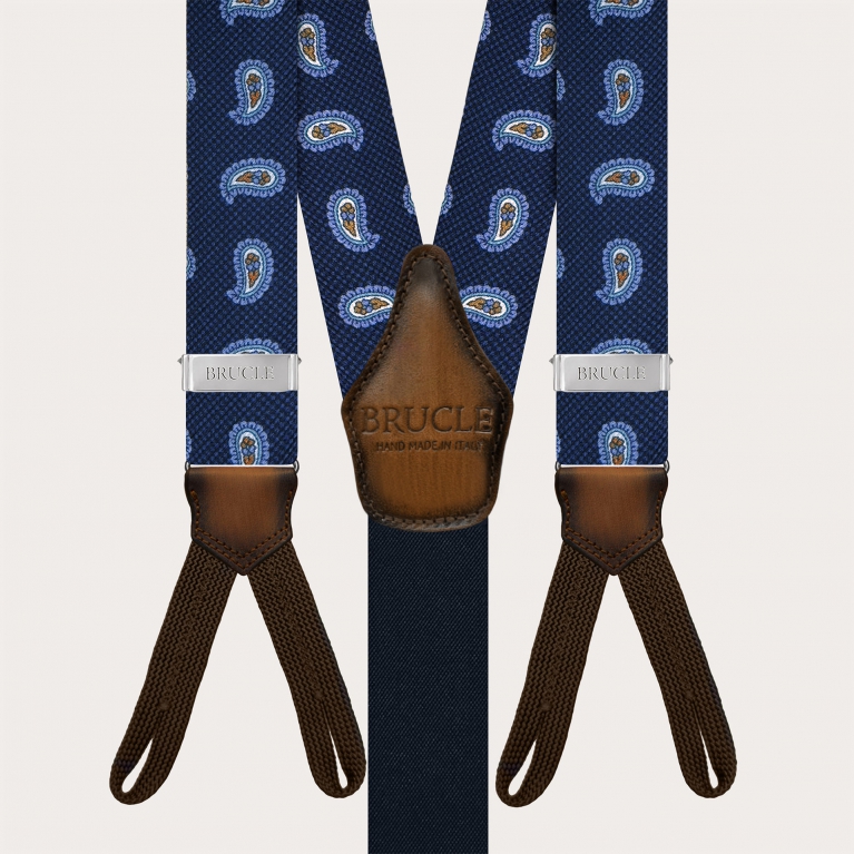 Blue silk suspenders with macro paisley and buttonholes