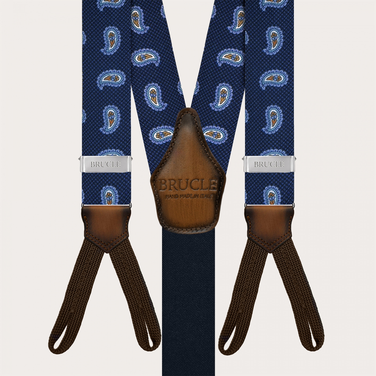 Blue silk suspenders with macro paisley and buttonholes