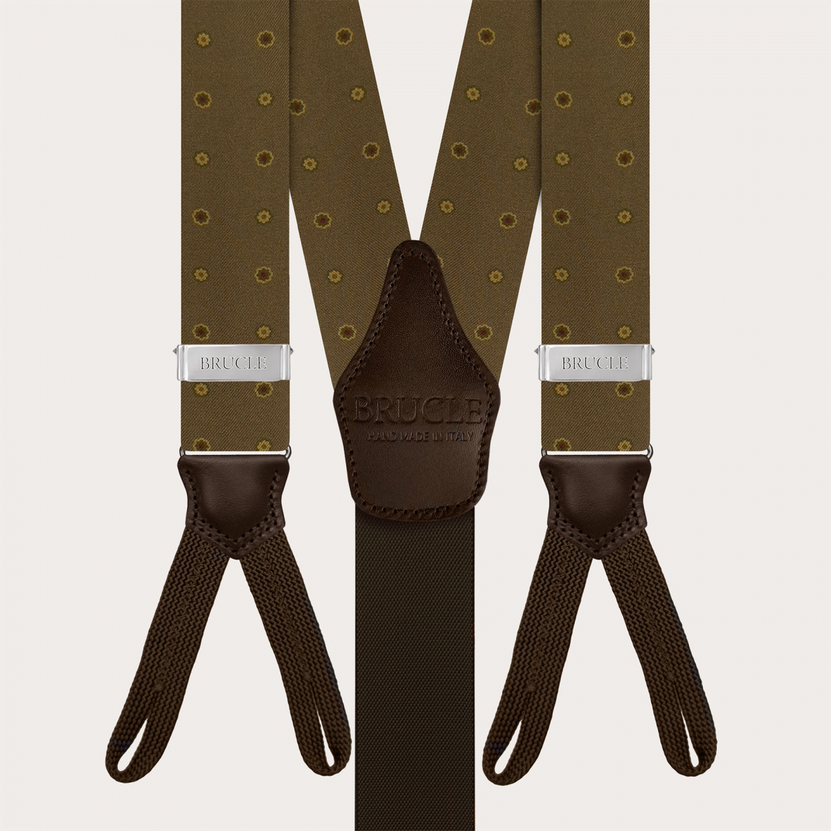 Men's brown floral silk suspenders for buttons