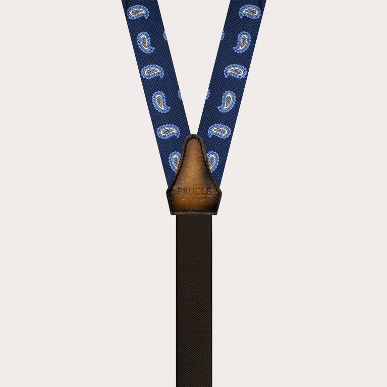 Narrow blue paisley silk suspenders for buttons