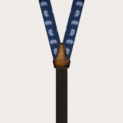 Narrow blue paisley silk suspenders for buttons