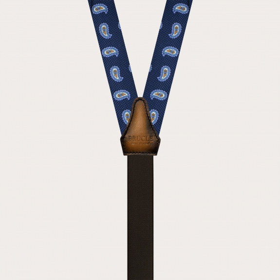 Narrow blue paisley silk suspenders for buttons