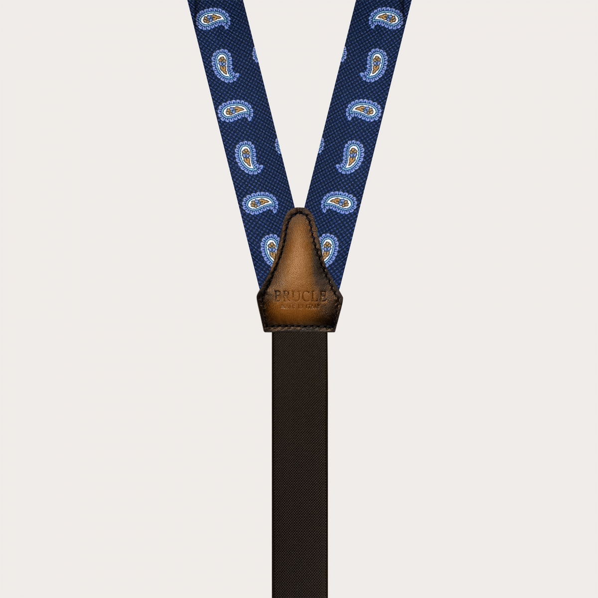 Narrow blue paisley silk suspenders for buttons