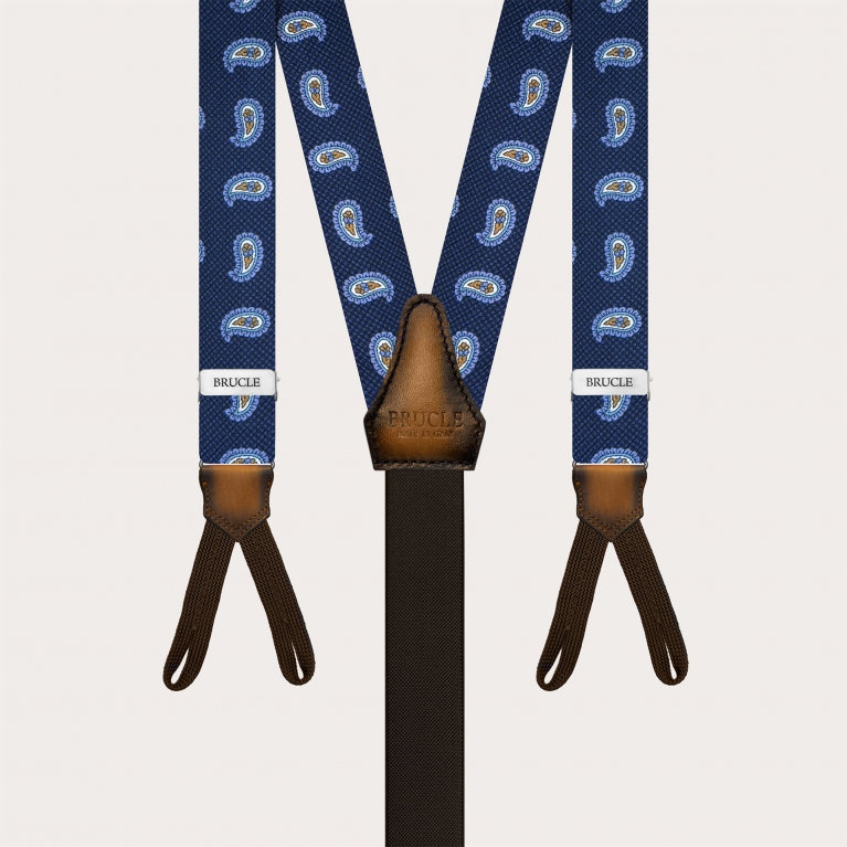 Narrow blue paisley silk suspenders for buttons