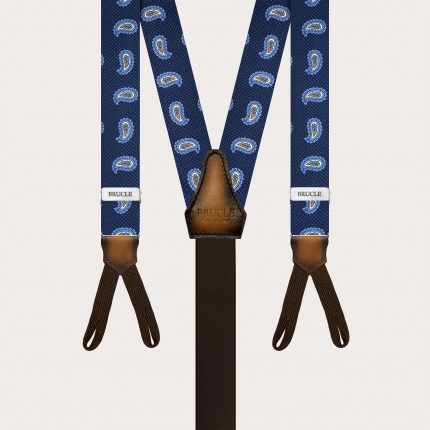 Narrow blue paisley silk suspenders for buttons