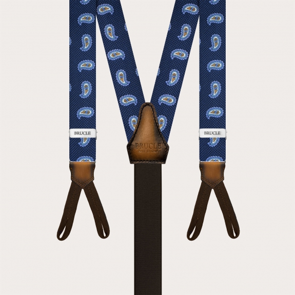 Narrow blue paisley silk suspenders for buttons