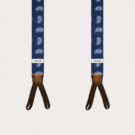 Narrow blue paisley silk suspenders for buttons