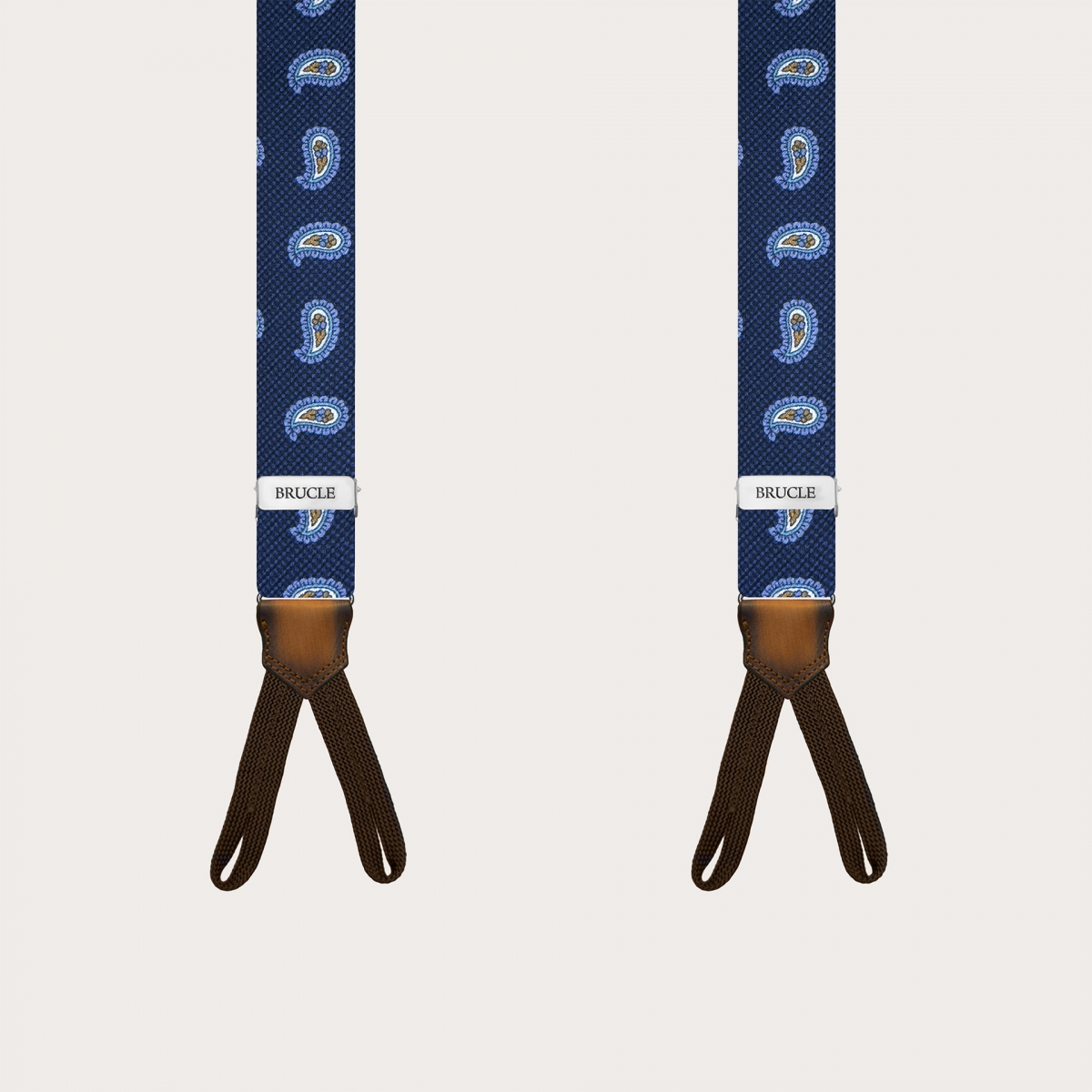 Narrow blue paisley silk suspenders for buttons