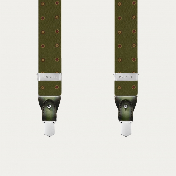 Green Floral Silk Suspenders with Hand-Colored Leather