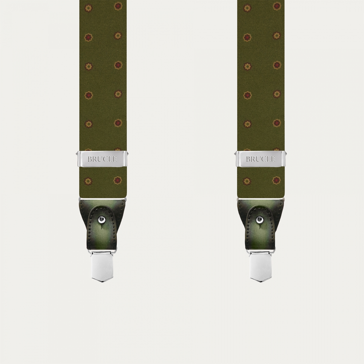 Green Floral Silk Suspenders with Hand-Colored Leather