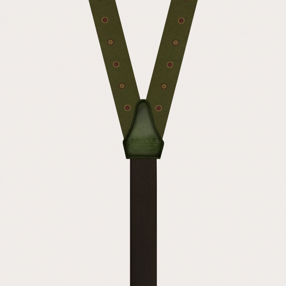 Green Floral Silk Suspenders with Hand-Colored Leather