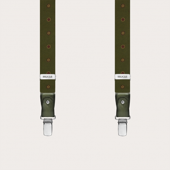 Green Floral Silk Suspenders with Hand-Colored Leather