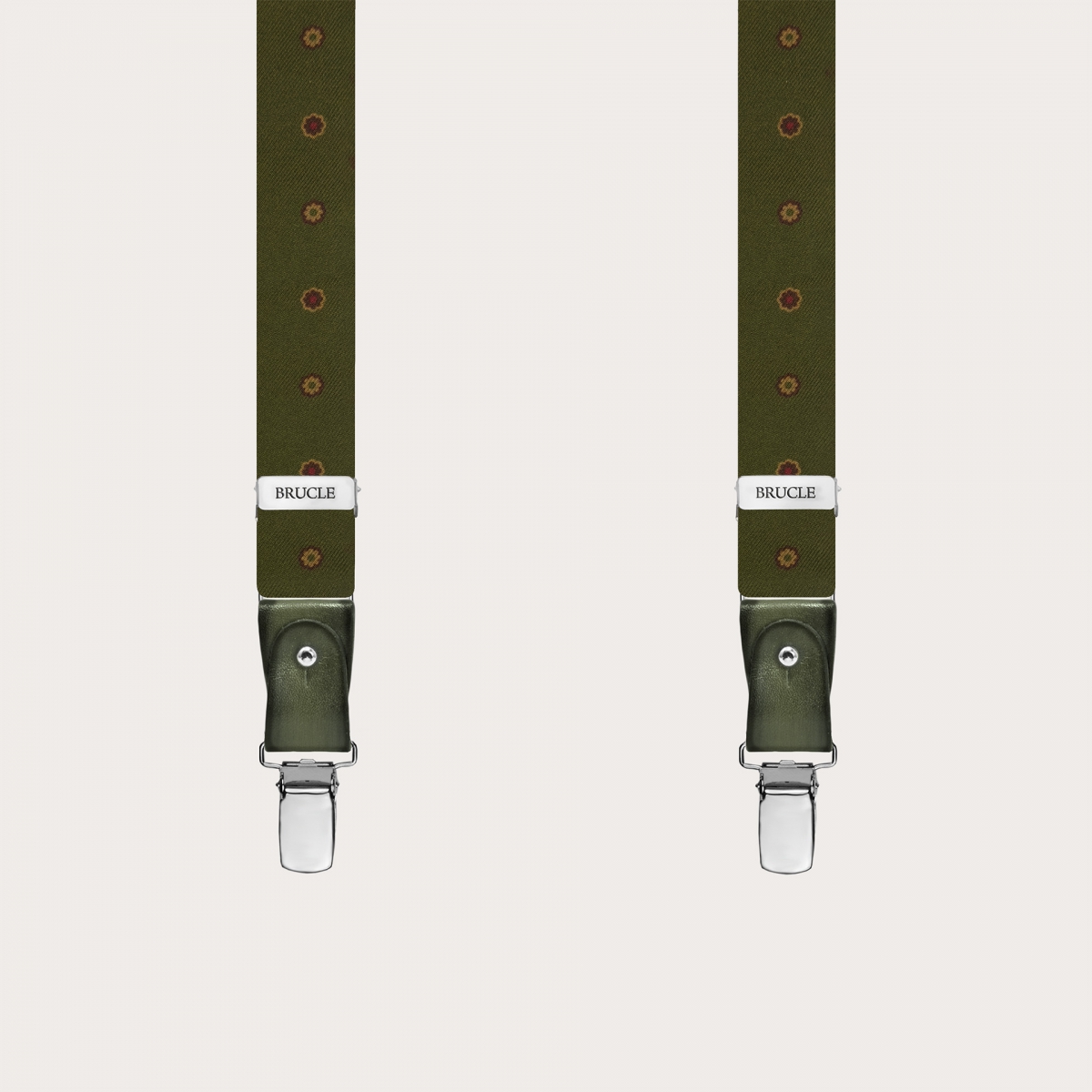 Green Floral Silk Suspenders with Hand-Colored Leather