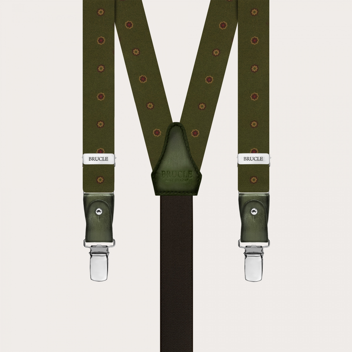 Green Floral Silk Suspenders with Hand-Colored Leather