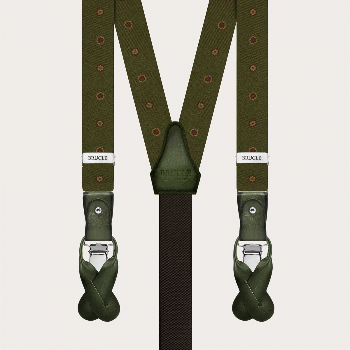 Green Floral Silk Suspenders with Hand-Colored Leather