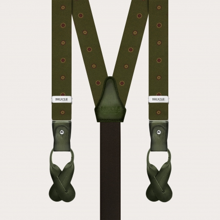 Green Floral Silk Suspenders with Hand-Colored Leather