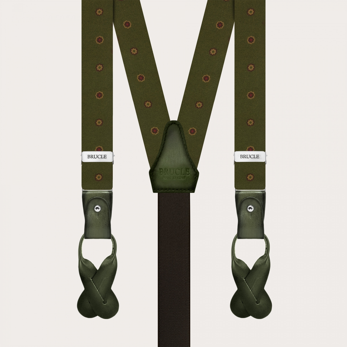 Green Floral Silk Suspenders with Hand-Colored Leather