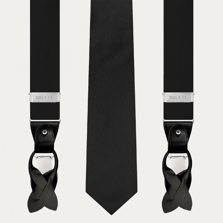 Black Silk Satin Suspenders and Tie Set