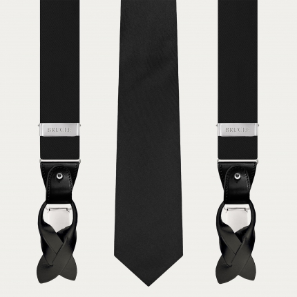 Black Silk Satin Suspenders and Tie Set