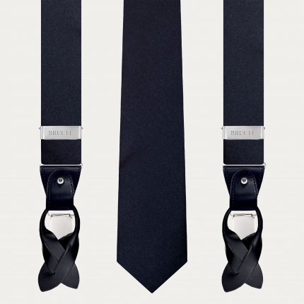 Navy Blue Silk Satin Suspenders and Tie Set