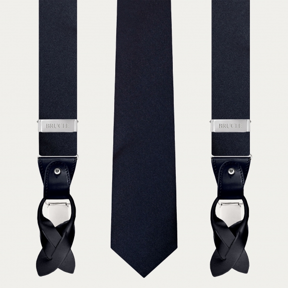 Navy Blue Silk Satin Suspenders and Tie Set