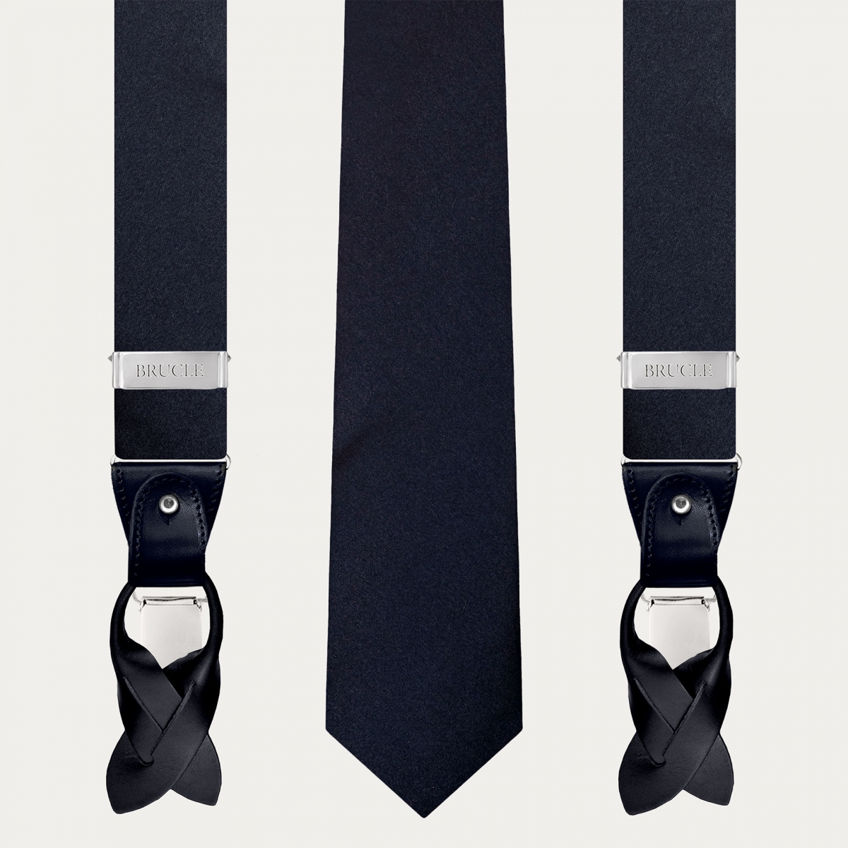 Navy Blue Silk Satin Suspenders and Tie Set