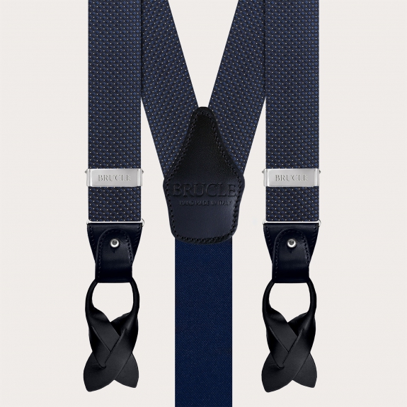 Coordinated set of navy blue silk polka dot suspenders and bow tie