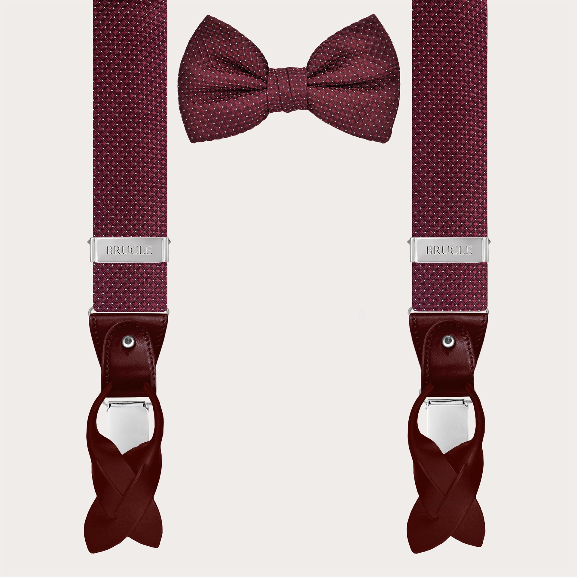 Matching set suspenders and bow tie in bordeaux pin dot silk