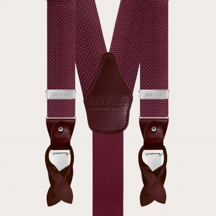 Matching set suspenders and bow tie in bordeaux pin dot silk