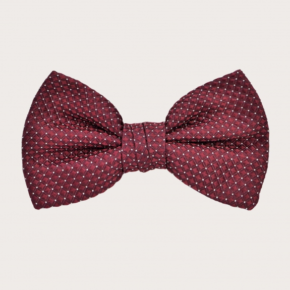 Matching set suspenders and bow tie in bordeaux pin dot silk