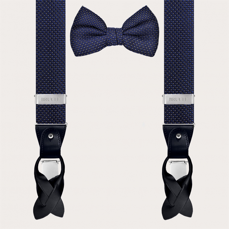 Coordinated set of navy blue silk polka dot suspenders and bow tie