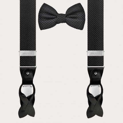 Black silk suspenders and bow tie set with pin dot pattern