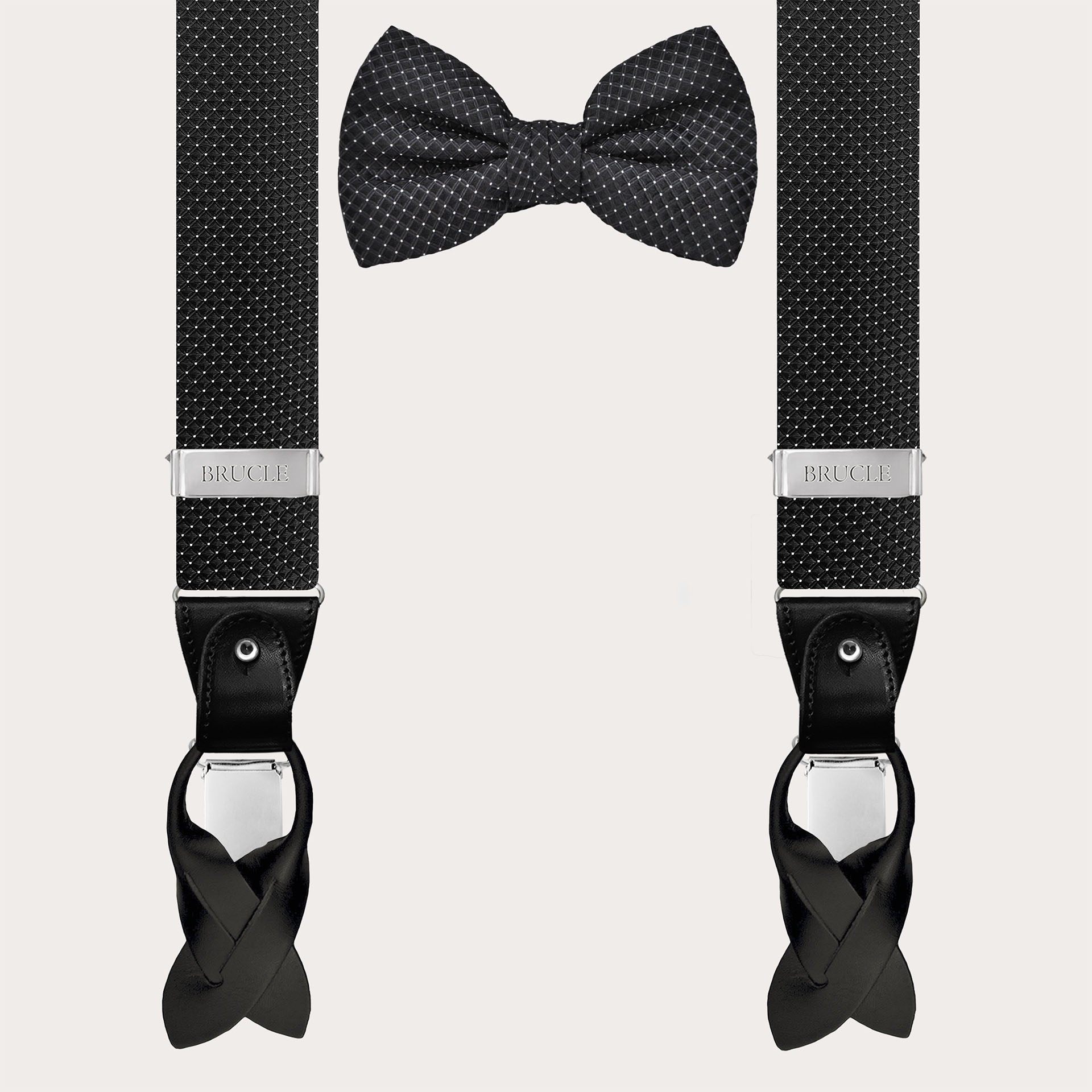 Black silk suspenders and bow tie set with pin dot pattern