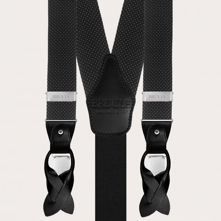 Black silk suspenders and bow tie set with pin dot pattern