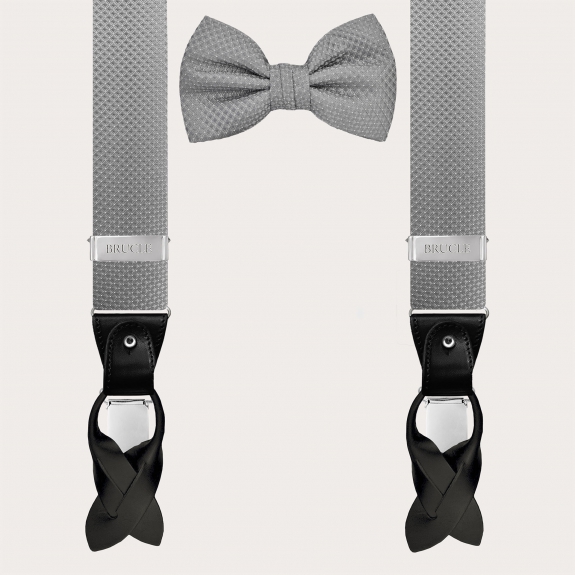 Grey silk suspenders and bow tie set with pin dots