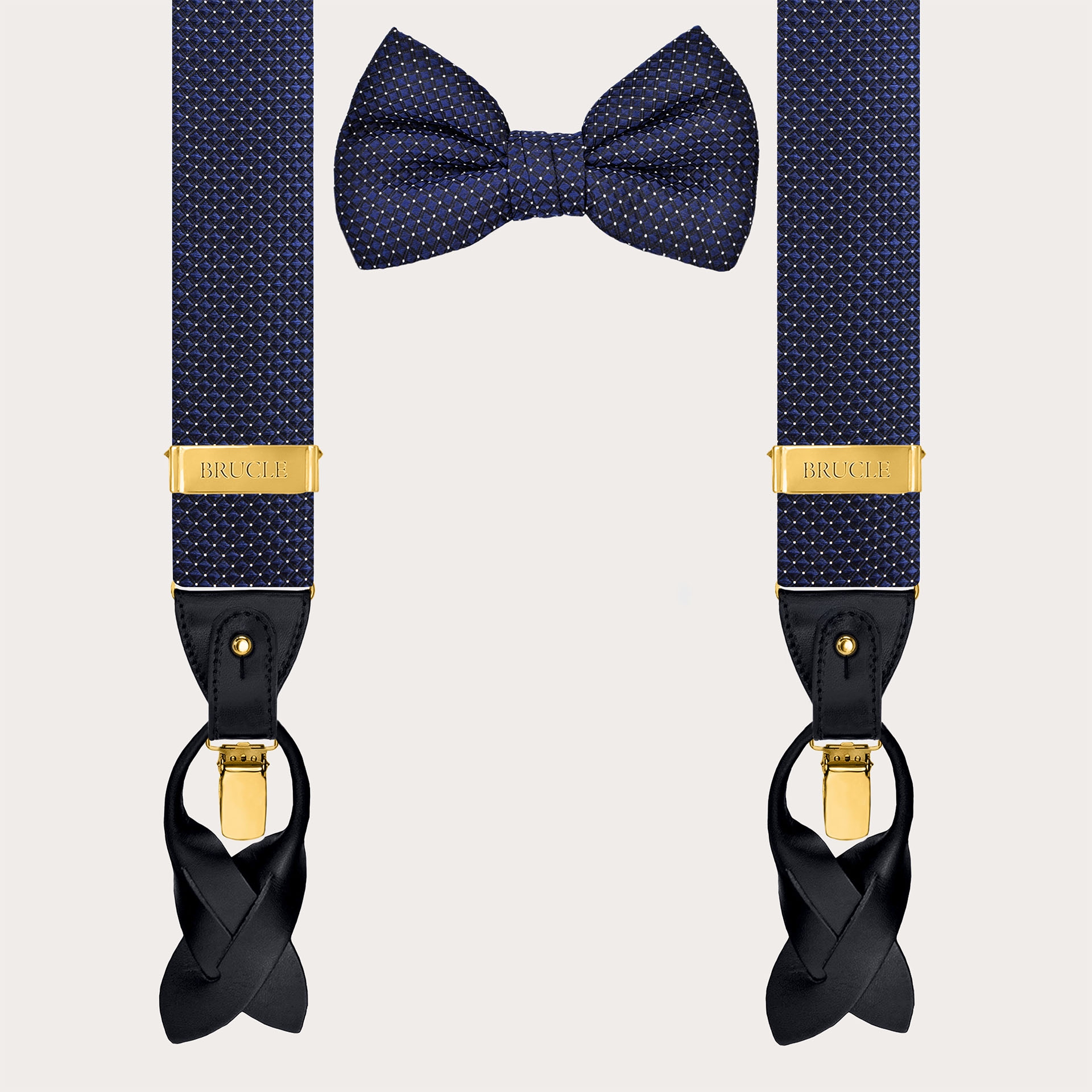 Set coordinato bretelle e papillon puntaspillo blu navy in seta con parti metalliche oro