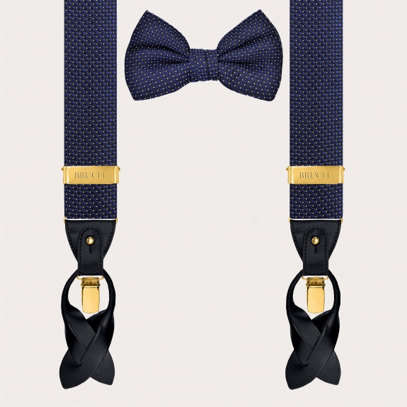 Set coordinato bretelle e papillon puntaspillo blu navy in seta con parti metalliche oro