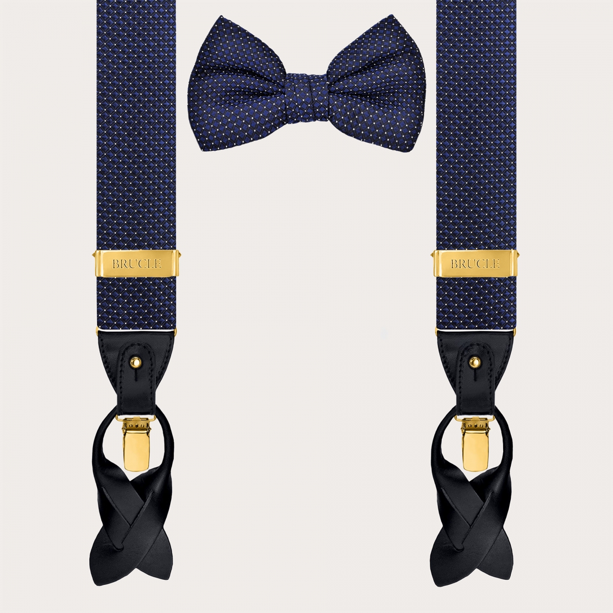 Set coordinato bretelle e papillon puntaspillo blu navy in seta con parti metalliche oro