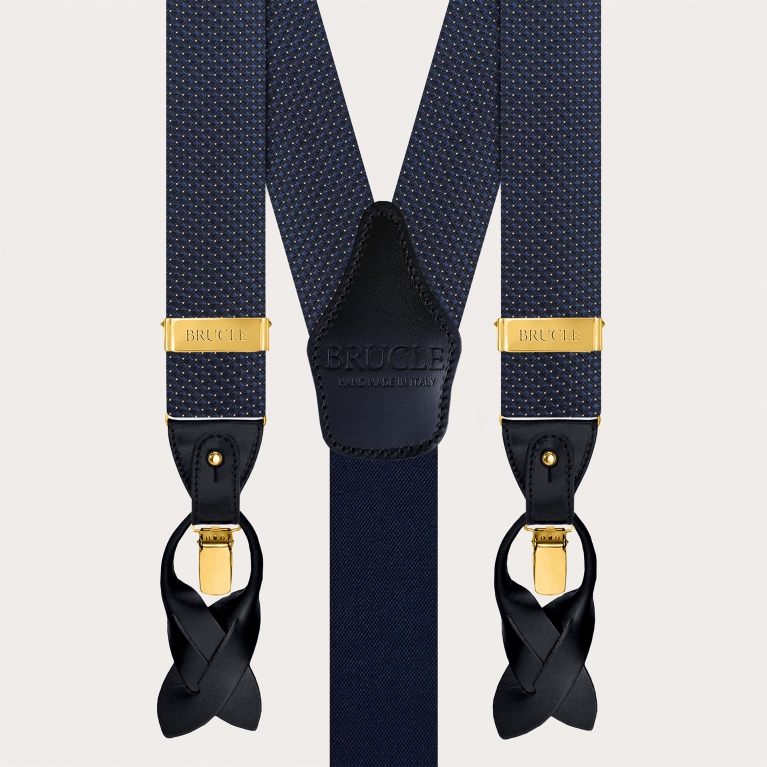 Navy blue silk suspenders and bow tie set with gold clips