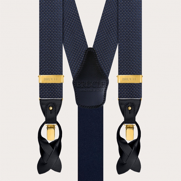 Navy blue silk suspenders and bow tie set with gold clips