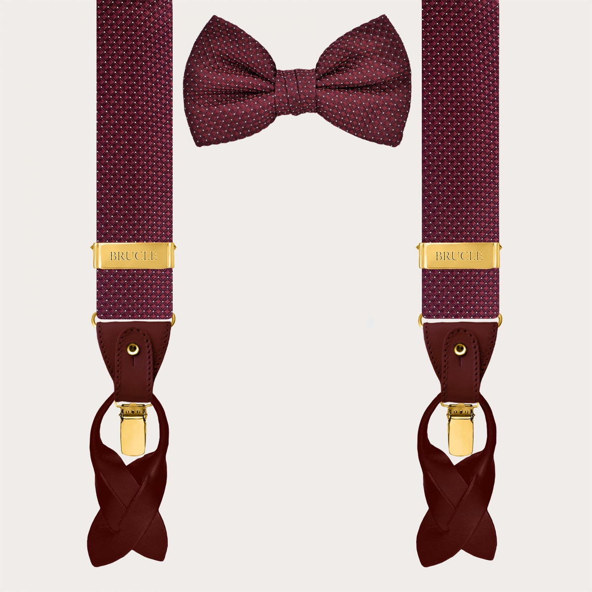 Bordeaux pin dot silk suspenders and bow tie set with gold clips