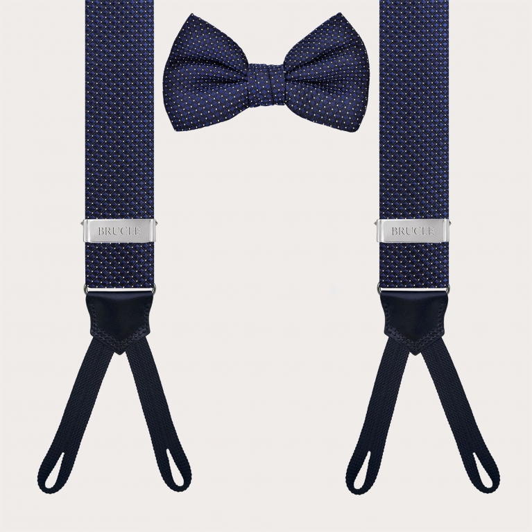 Coordinated set of button suspenders and navy blue silk pin dot bow tie