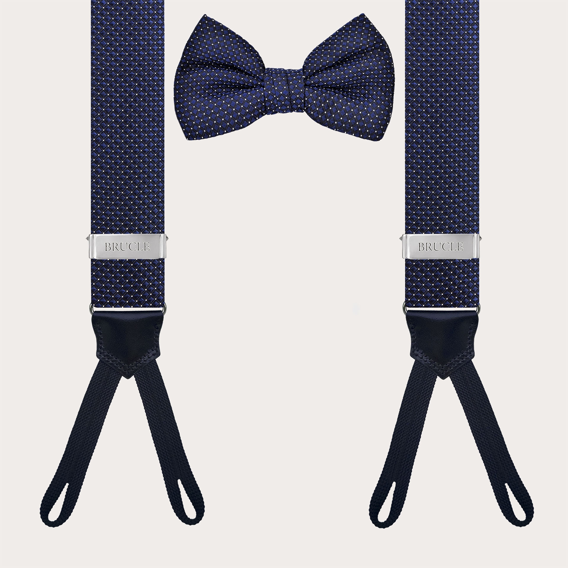 Coordinated set of button suspenders and navy blue silk pin dot bow tie