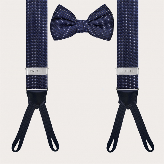 Coordinated set of button suspenders and navy blue silk pin dot bow tie