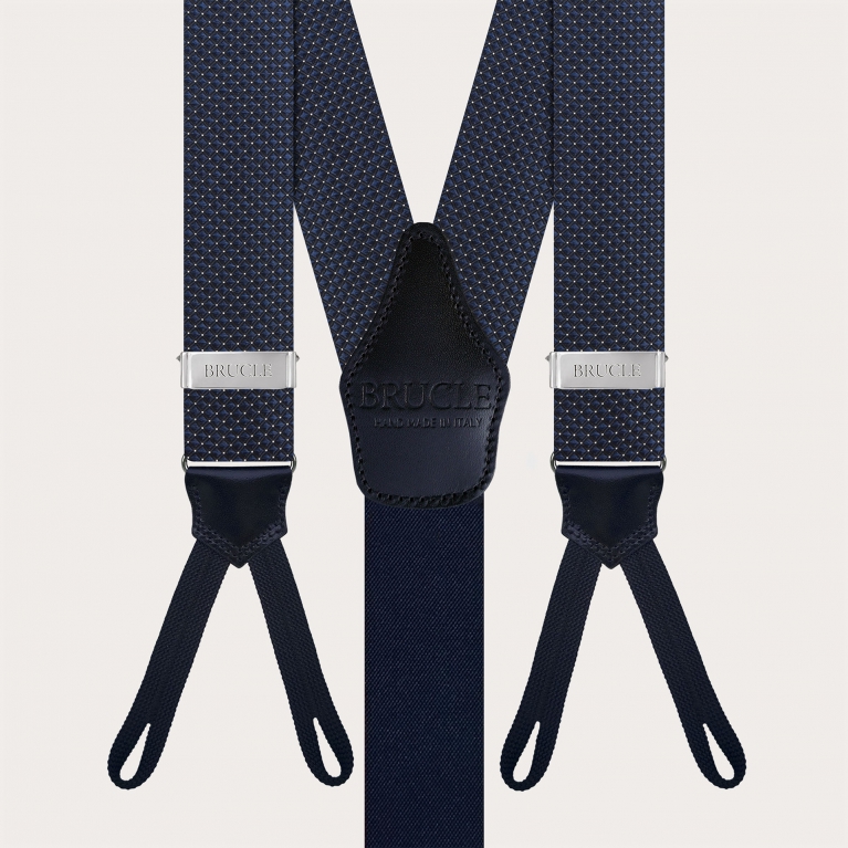 Coordinated set of button suspenders and navy blue silk pin dot bow tie