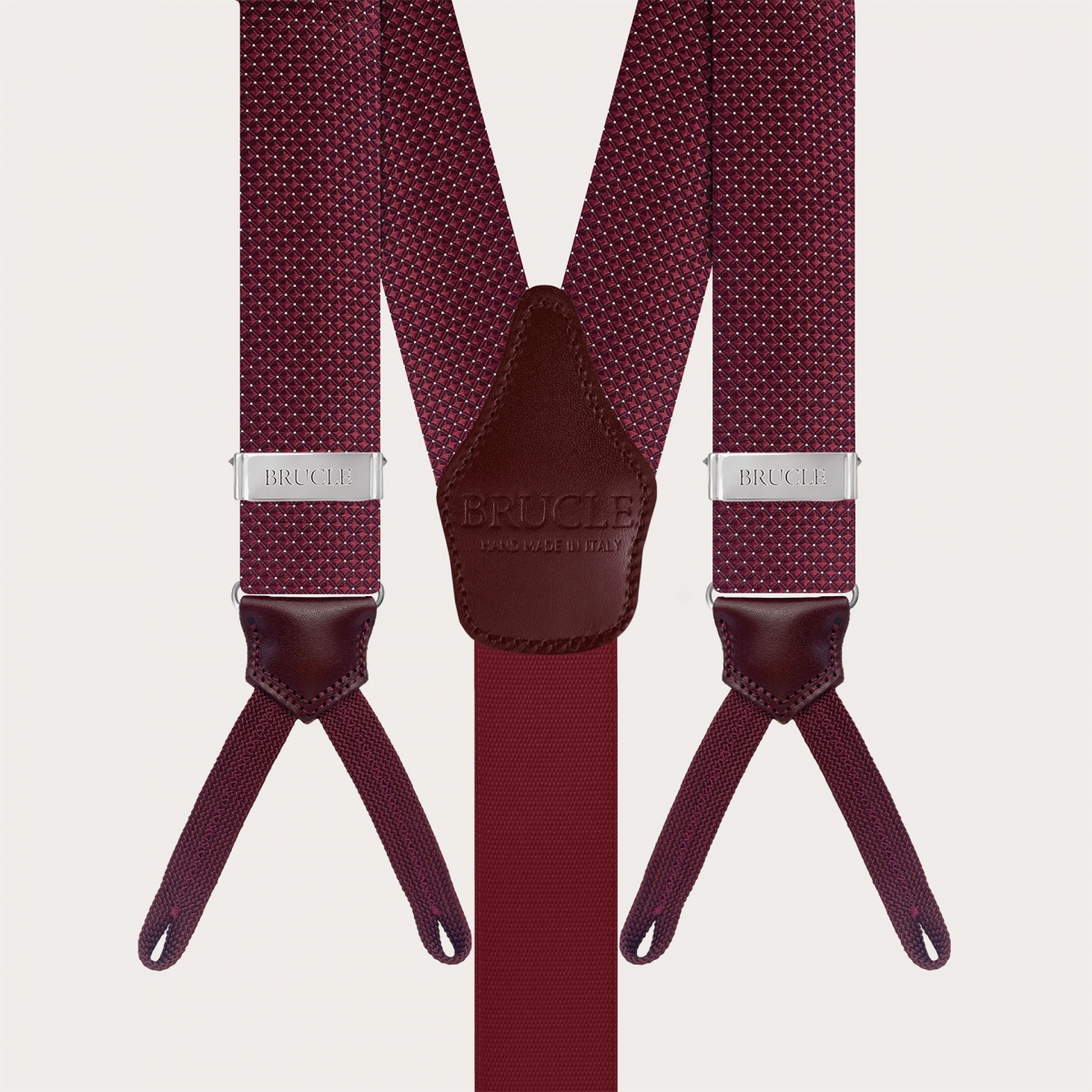 Coordinated set of button suspenders and burgundy pin dot bow tie