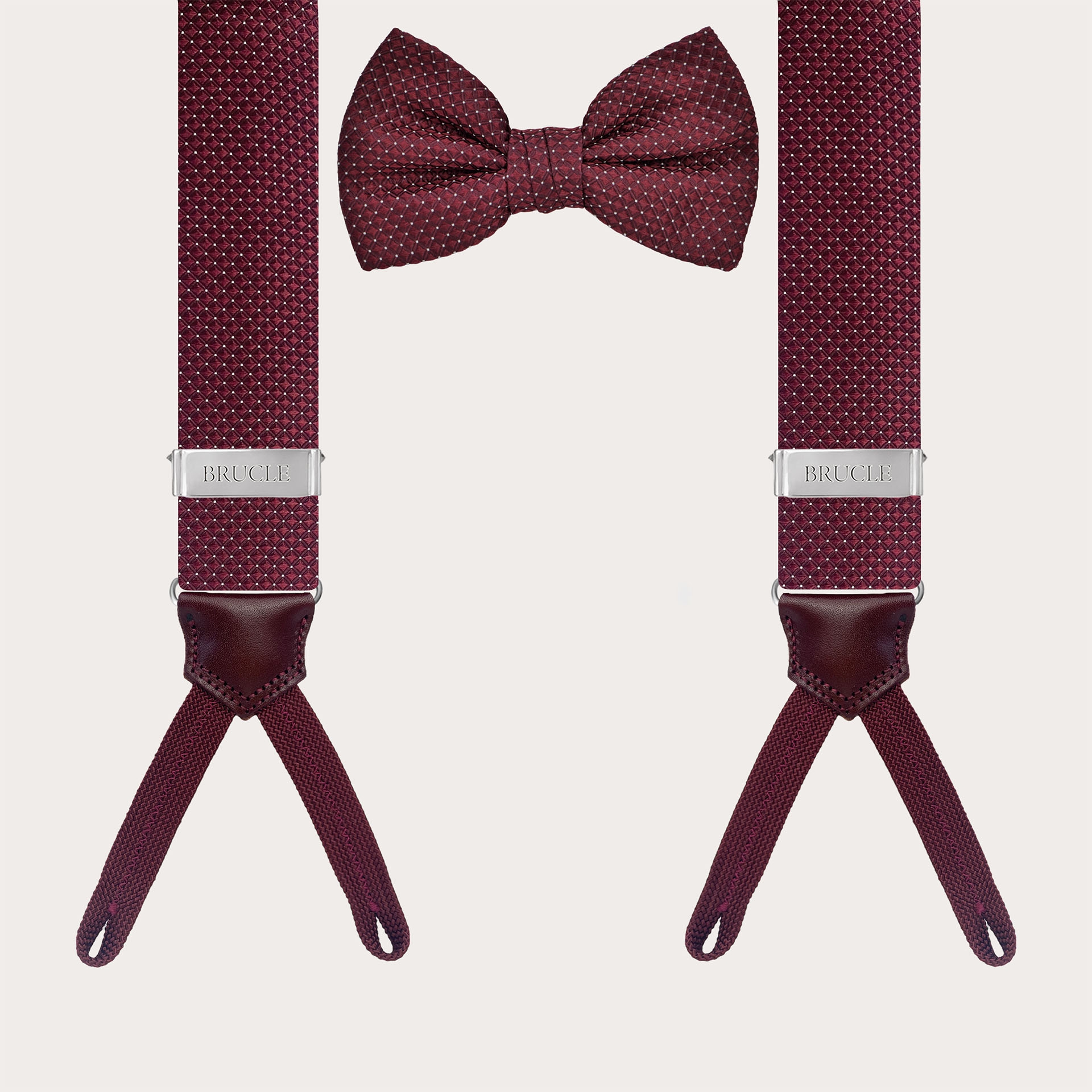 Coordinated set of button suspenders and burgundy pin dot bow tie