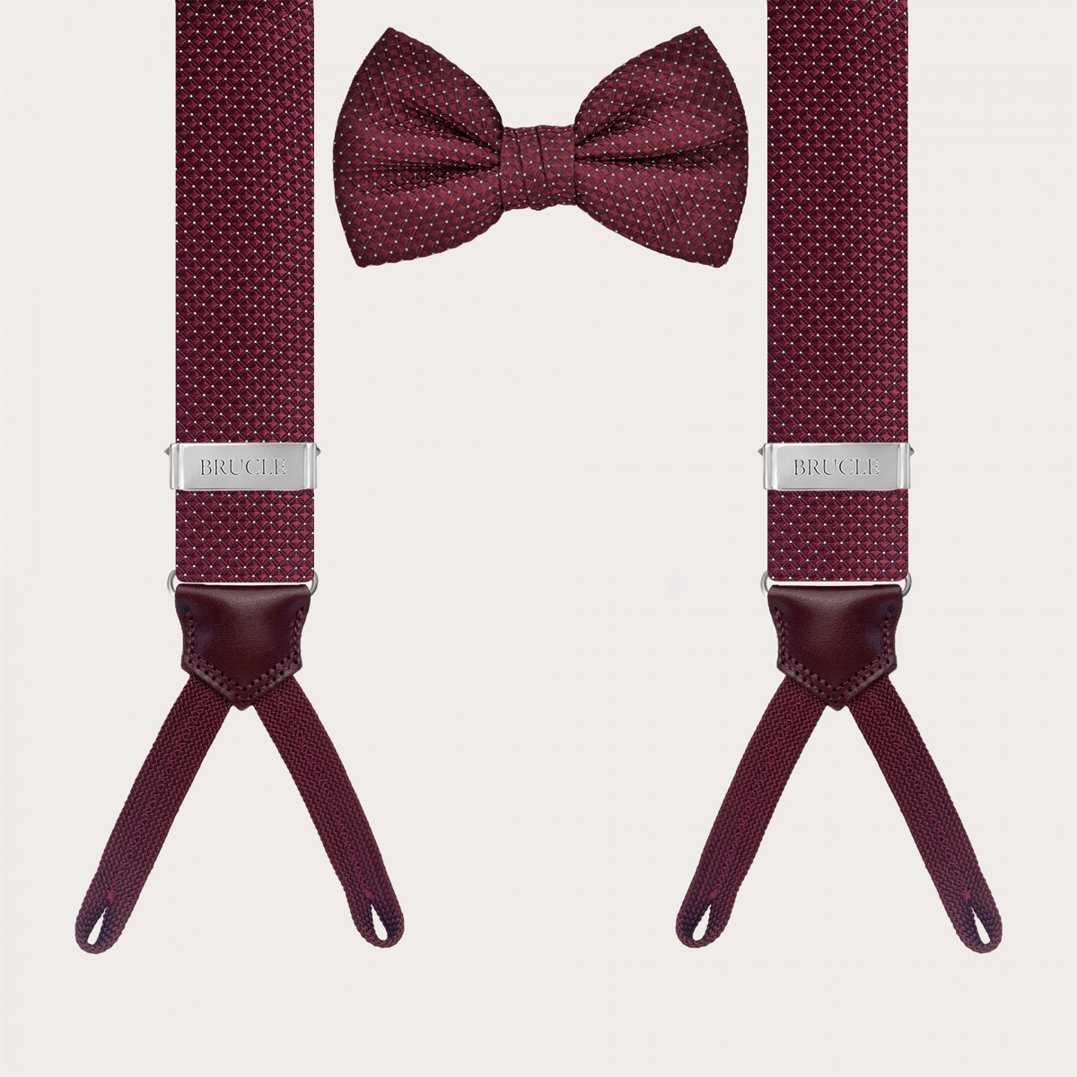 Coordinated set of button suspenders and burgundy pin dot bow tie