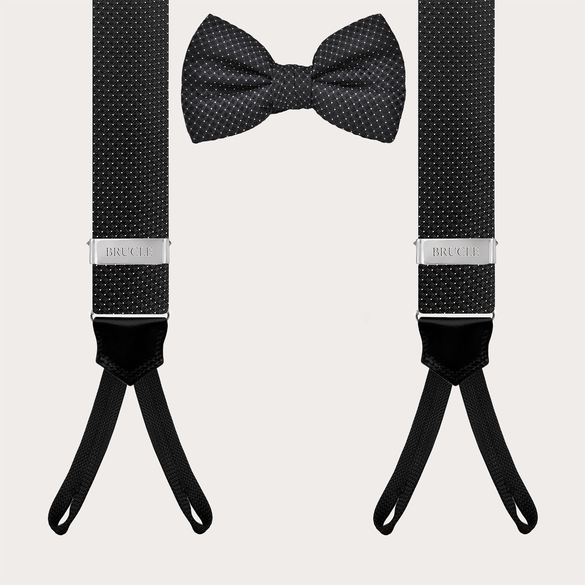 Black pin dot suspenders and bow tie set for buttons