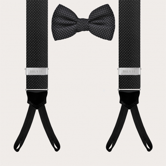 Black pin dot suspenders and bow tie set for buttons